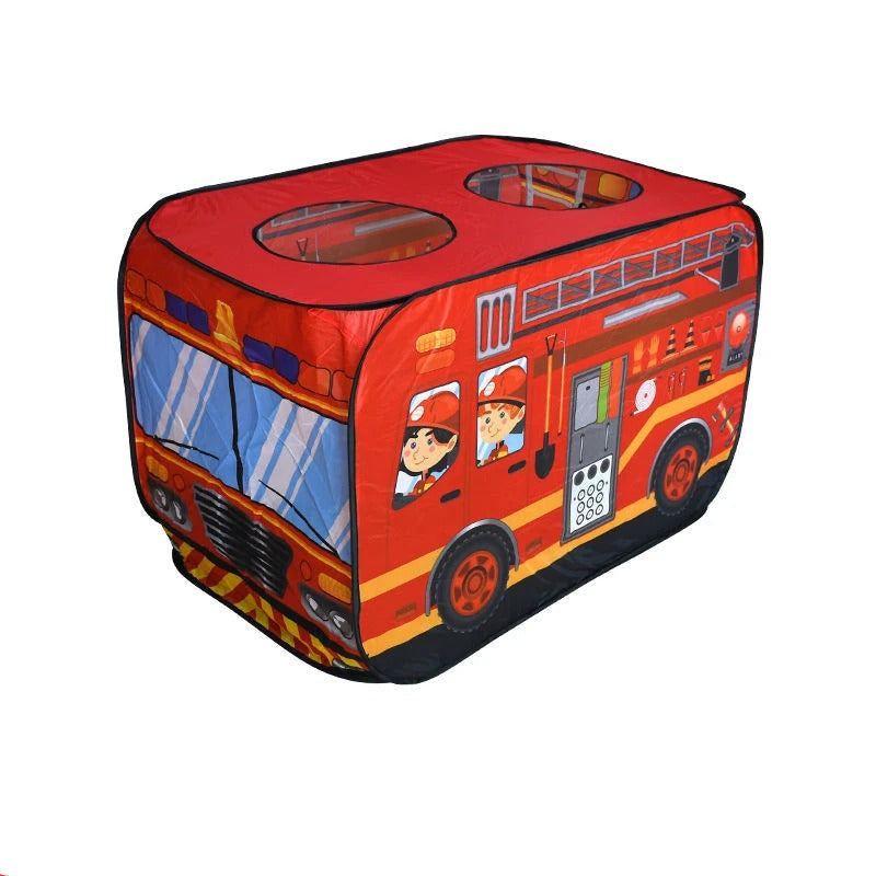 PlayScape – Foldable play tent with a bus and fire truck print 2