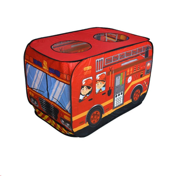PlayScape – Foldable play tent with a bus and fire truck print 2