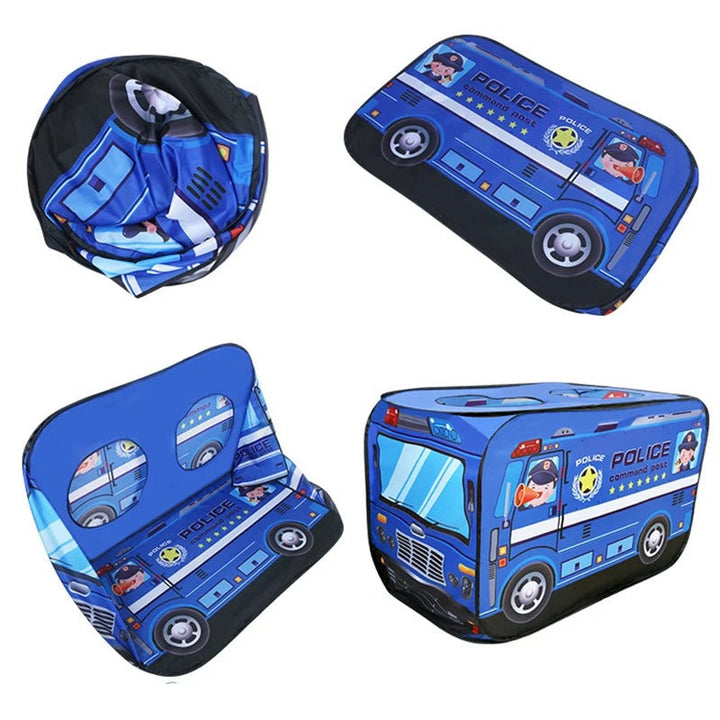 PlayScape – Foldable play tent with a bus and fire truck print 4