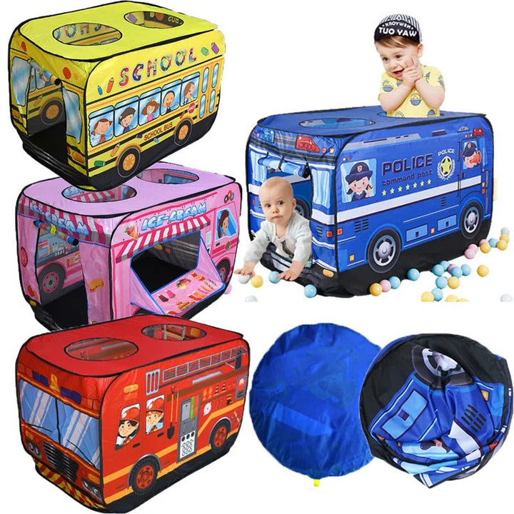 PlayScape – Foldable play tent with a bus and fire truck print 5