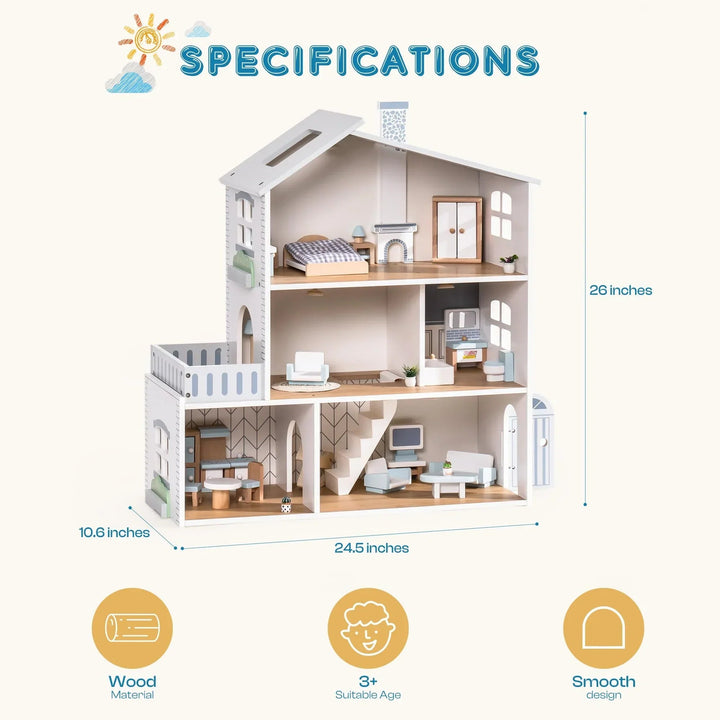 RoomyHaven™ – Wooden Dollhouse with 6 Rooms – Creative Playhouse for Kids 6