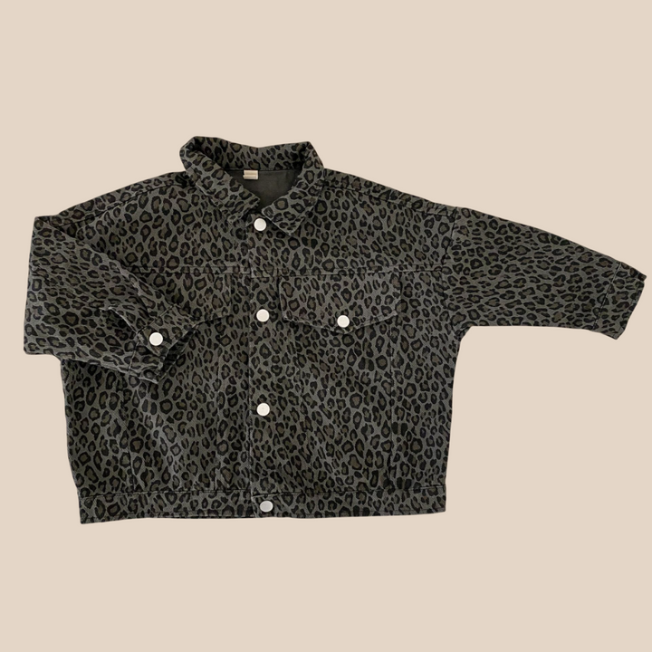 Stylish Kids Denim Jacket with Leopard Print – Brown/Gray Cotton Jacket for Boys and Girls, Sizes 0-8 Years 1