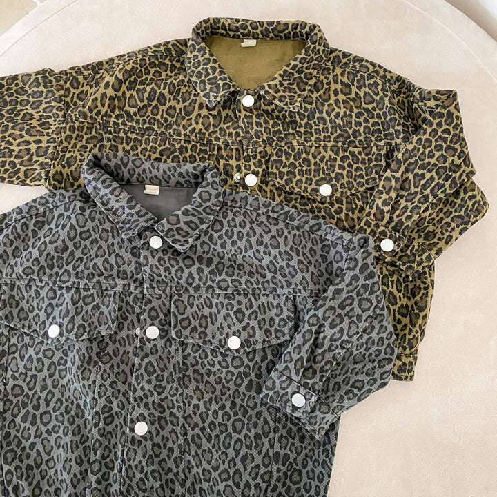Stylish Kids Denim Jacket with Leopard Print – Brown/Gray Cotton Jacket for Boys and Girls, Sizes 0-8 Years 4
