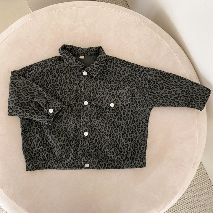 Stylish Kids Denim Jacket with Leopard Print – Brown/Gray Cotton Jacket for Boys and Girls, Sizes 0-8 Years 5