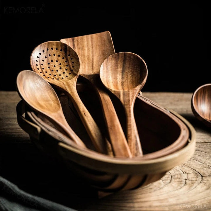 Teak Kitchen Utensil Set of 5 – Sustainable Wooden Cooking Tools with Ergonomic Handles 4