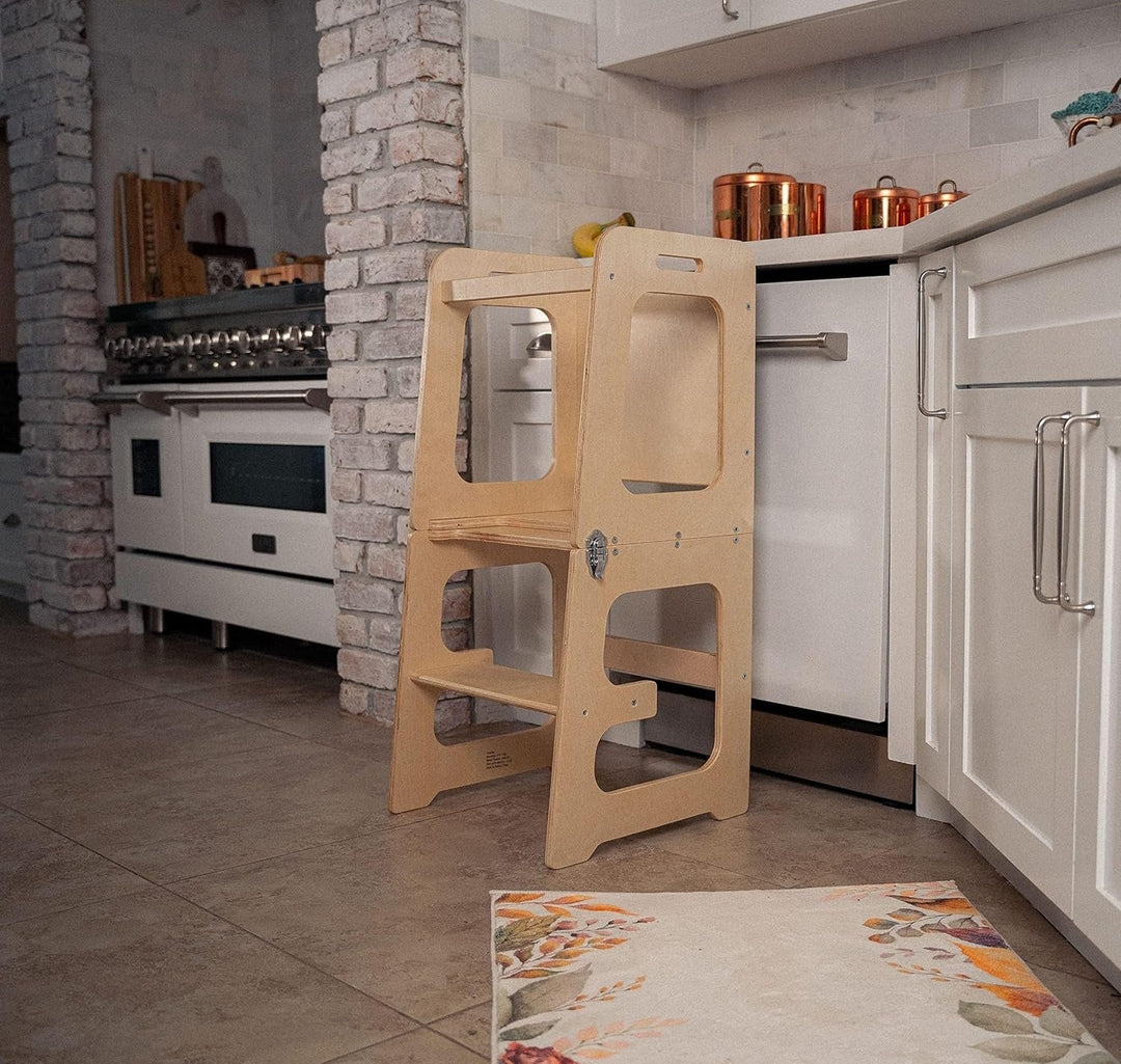 Toddler Learning Tower 4-in-1 Solid Wood Natural Multifunctional Chair Table Climbing Frame 0