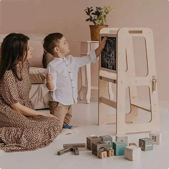 Toddler Learning Tower 4-in-1 Solid Wood Natural Multifunctional Chair Table Climbing Frame 1