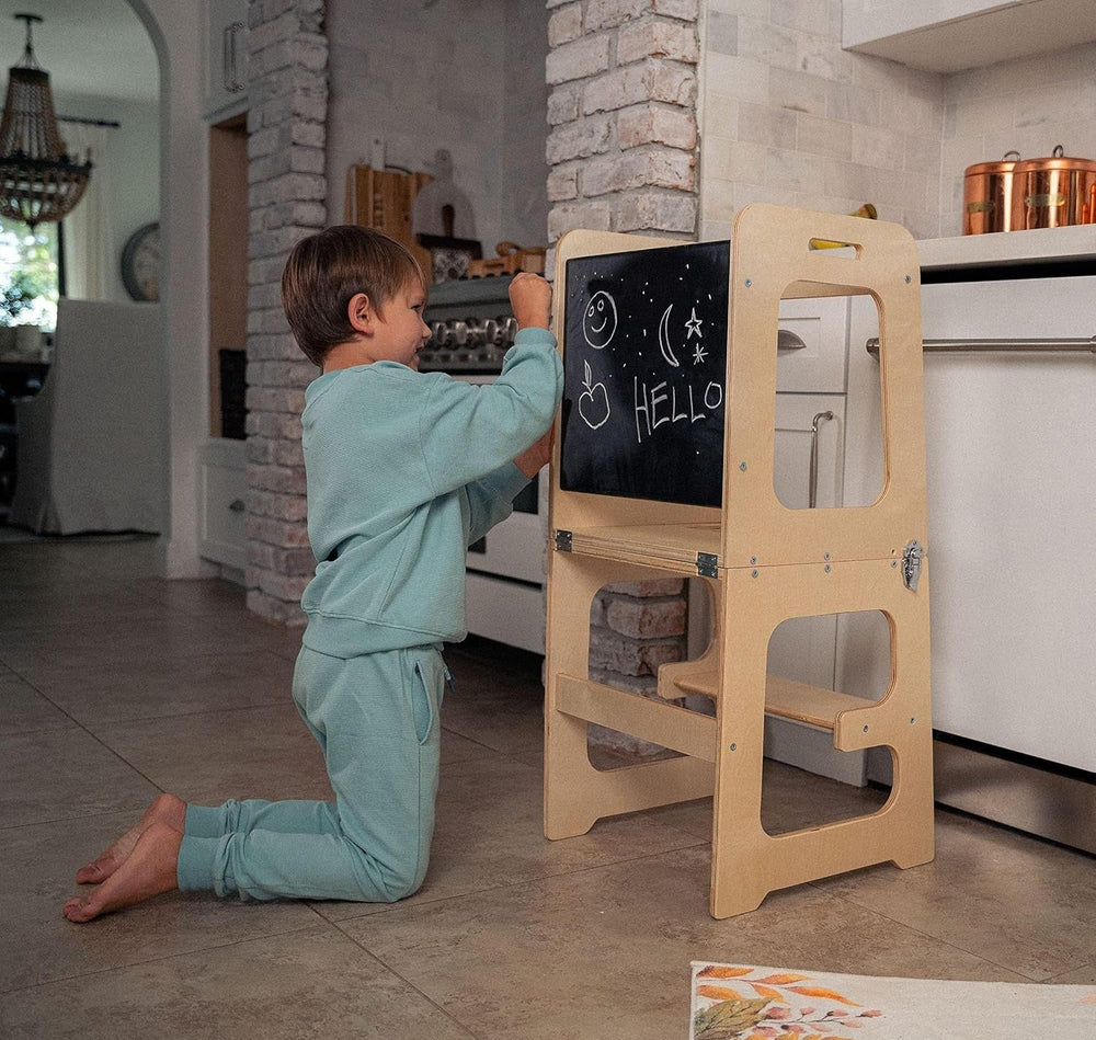 Toddler Learning Tower 4-in-1 Solid Wood Natural Multifunctional Chair Table Climbing Frame 2