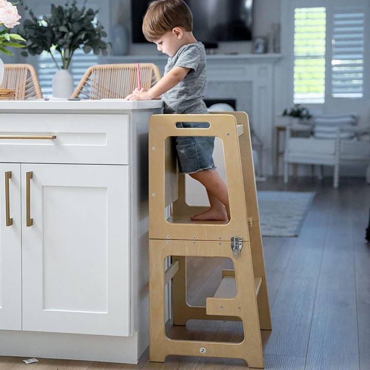 Toddler Learning Tower 4-in-1 Solid Wood Natural Multifunctional Chair Table Climbing Frame 3