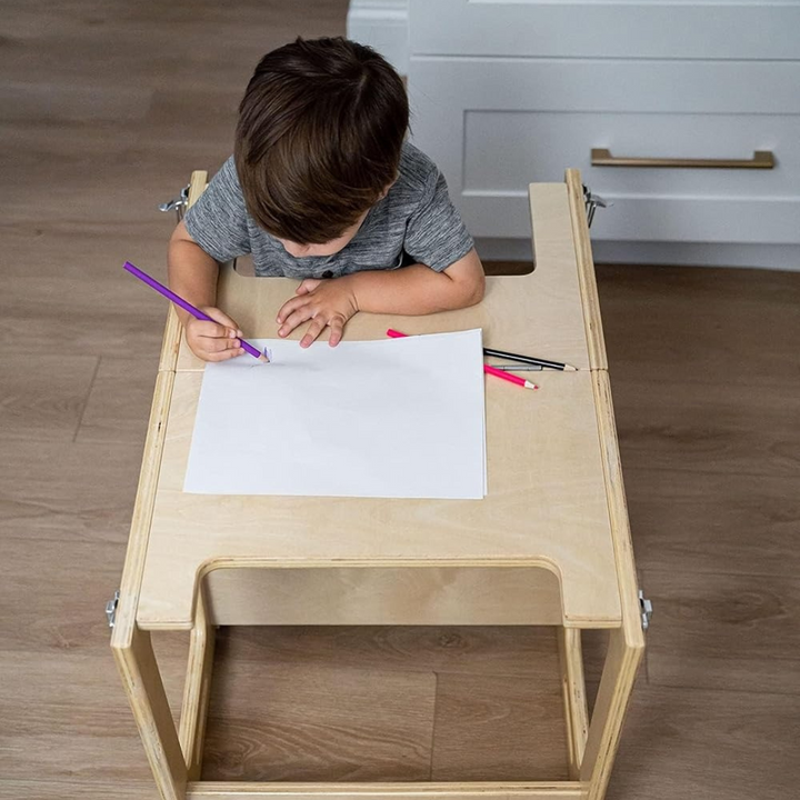 Toddler Learning Tower 4-in-1 Solid Wood Natural Multifunctional Chair Table Climbing Frame 5