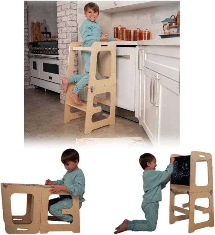 Toddler Learning Tower 4-in-1 Solid Wood Natural Multifunctional Chair Table Climbing Frame 6