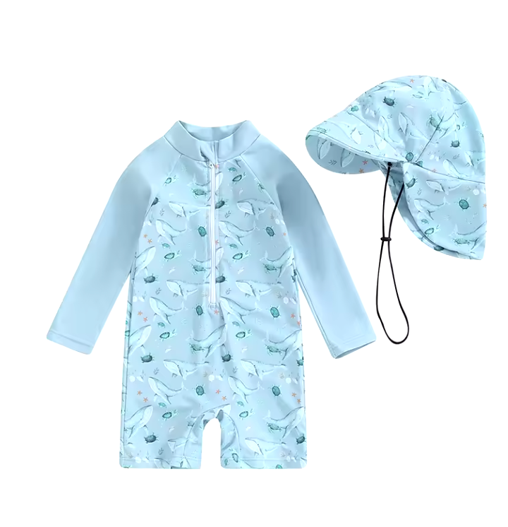 UV Protection Baby Swim Set with Matching Hat – Ocean Print for 0-3 Years, UPF 50+ Sun Safety 0
