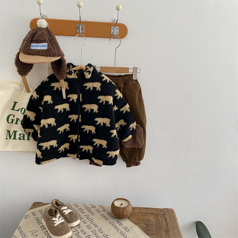 Unisex Fleece Vest Berenmotief Zwart Groen Zacht en Ademend voor Kinderen 1-6 Jaar 0