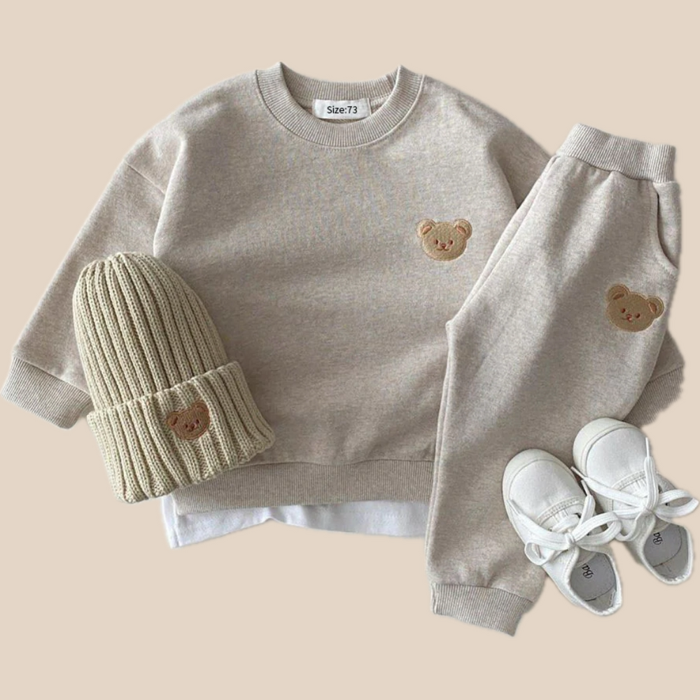 Unisex Kids Jogging Suit Bear Emblem Soft Cotton Blend Gray/Pink/Yellow/Brown 1