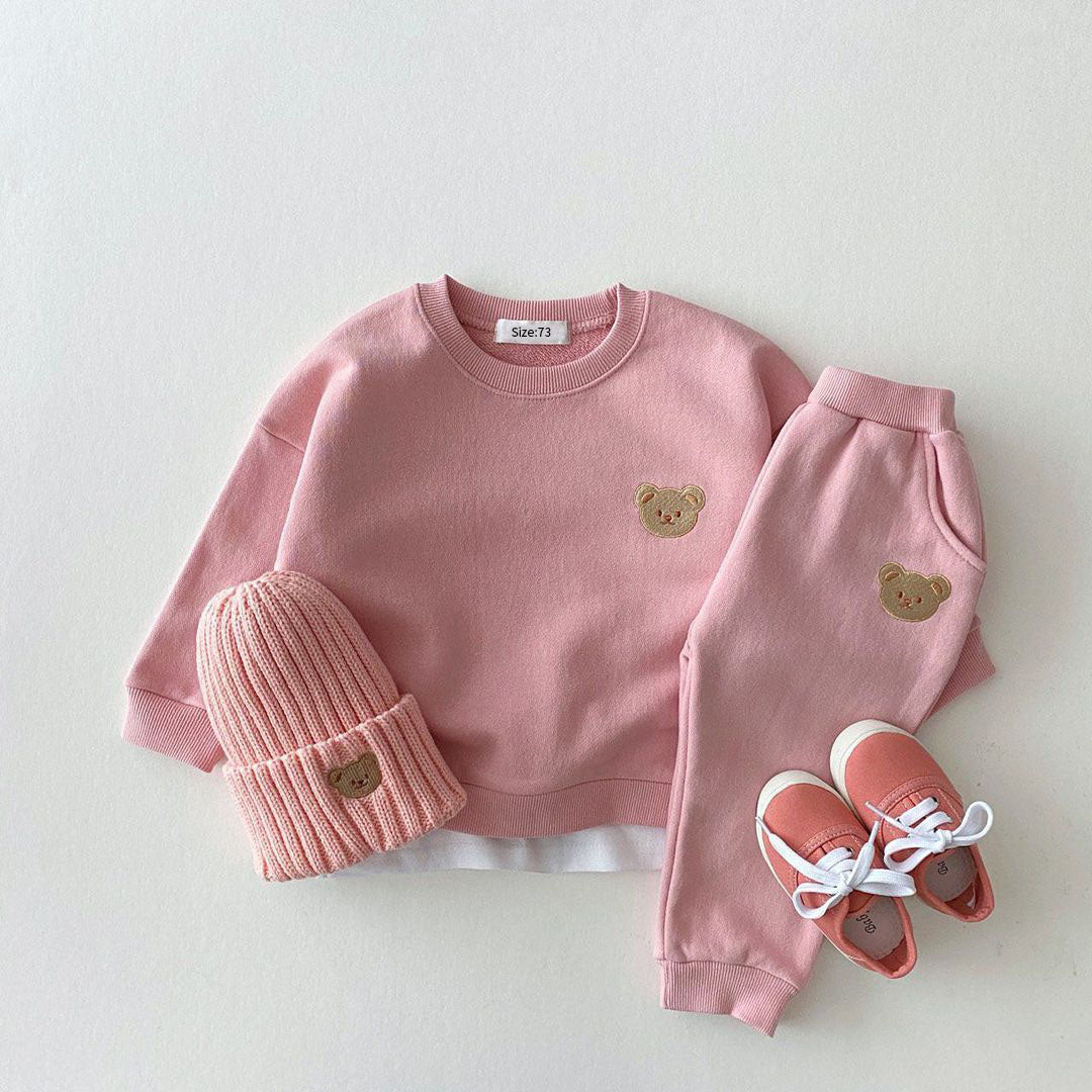 Unisex Joggingpak Kinderen Berenembleem Zachte Katoenmix Grijs/Roze/Geel/Bruin 3