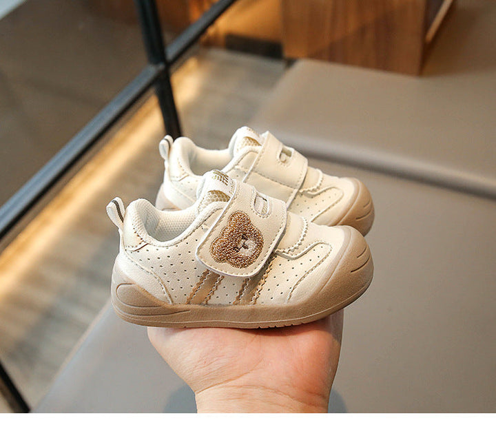 Unisex Sneakers Velcro Bear Design Breathable Textile Khaki/Black/Red 3