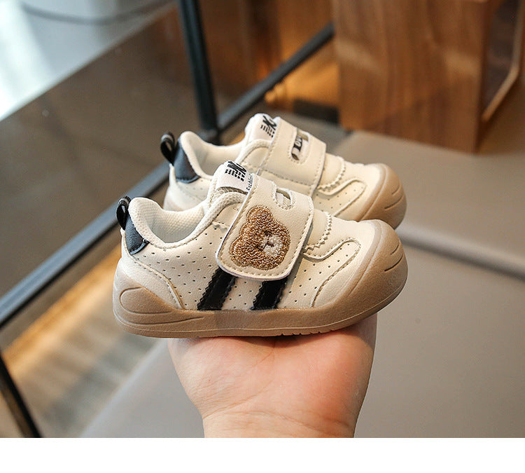 Unisex Sneakers Velcro Bear Design Breathable Textile Khaki/Black/Red 4