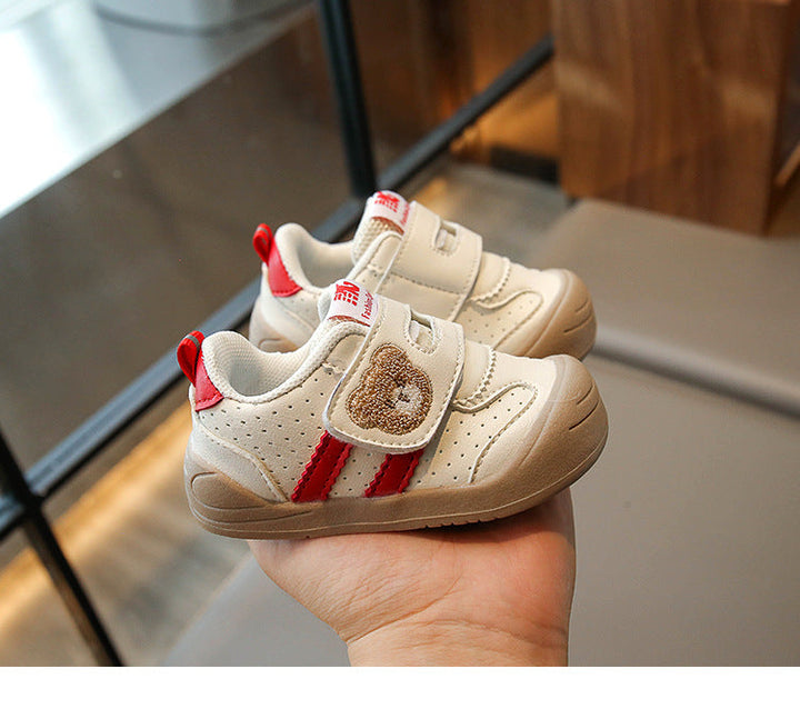 Unisex Sneakers Velcro Bear Design Breathable Textile Khaki/Black/Red 7