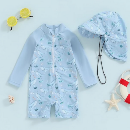 UV Protection Baby Swim Set with Matching Hat – Ocean Print for 0-3 Years, UPF 50+ Sun Safety