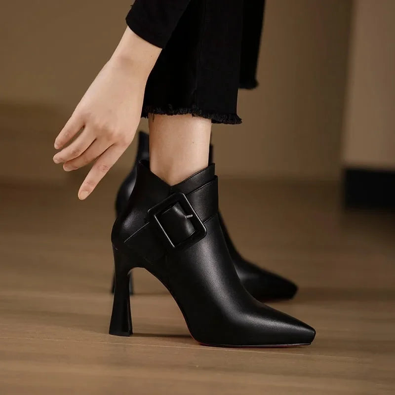 Vegan Leather Black Ankle Boots with Decorative Buckle – Stylish Footwear for All-Day Comfort 4