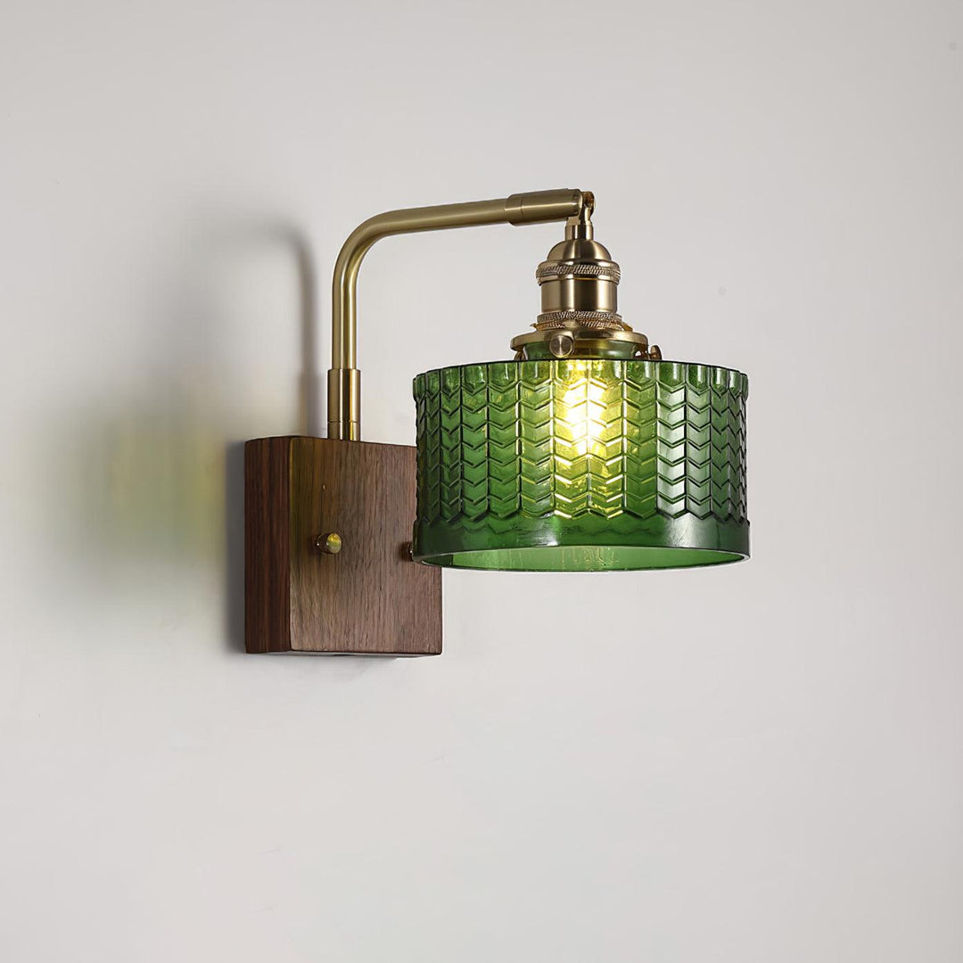 VerdantGlow | Elegant Retro Green Glass Wall Lamp Sconce with Wooden Accent 0