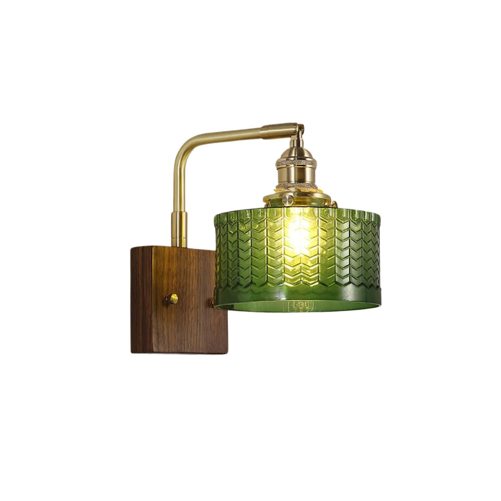 VerdantGlow | Elegant Retro Green Glass Wall Lamp Sconce with Wooden Accent 1