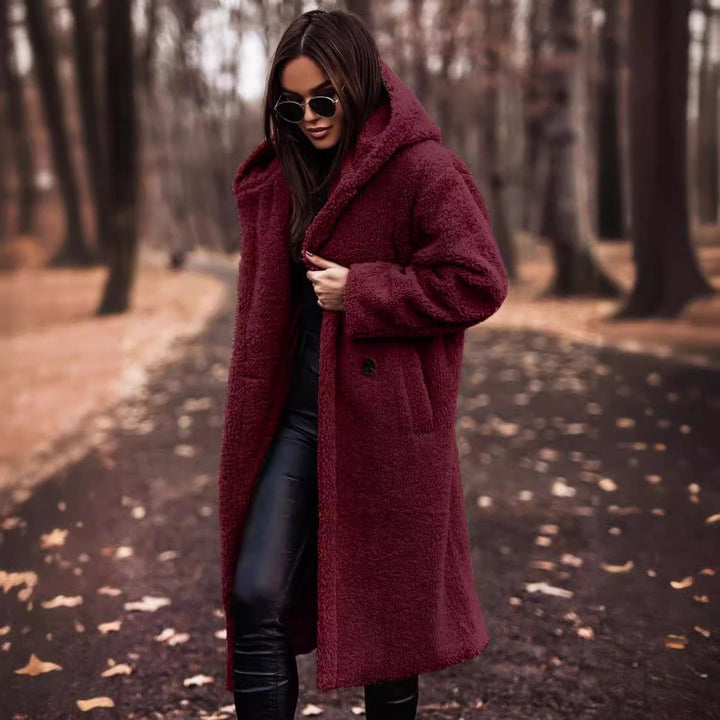 Warm Hooded Wool Coat for Women – Oversized Full Length Winter Fashion with Button Fastening 0
