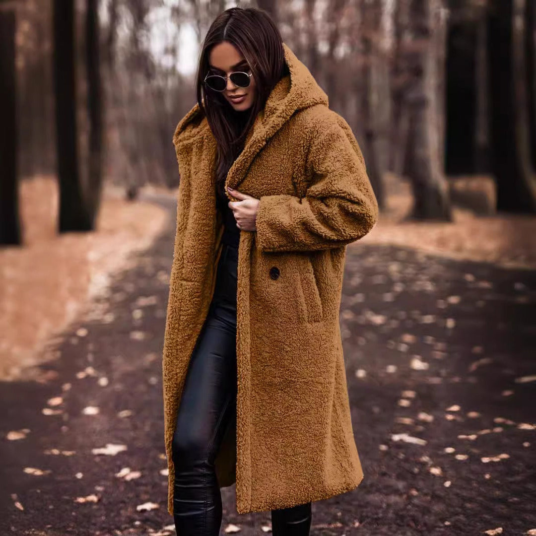 Warm Hooded Wool Coat for Women – Oversized Full Length Winter Fashion with Button Fastening 1