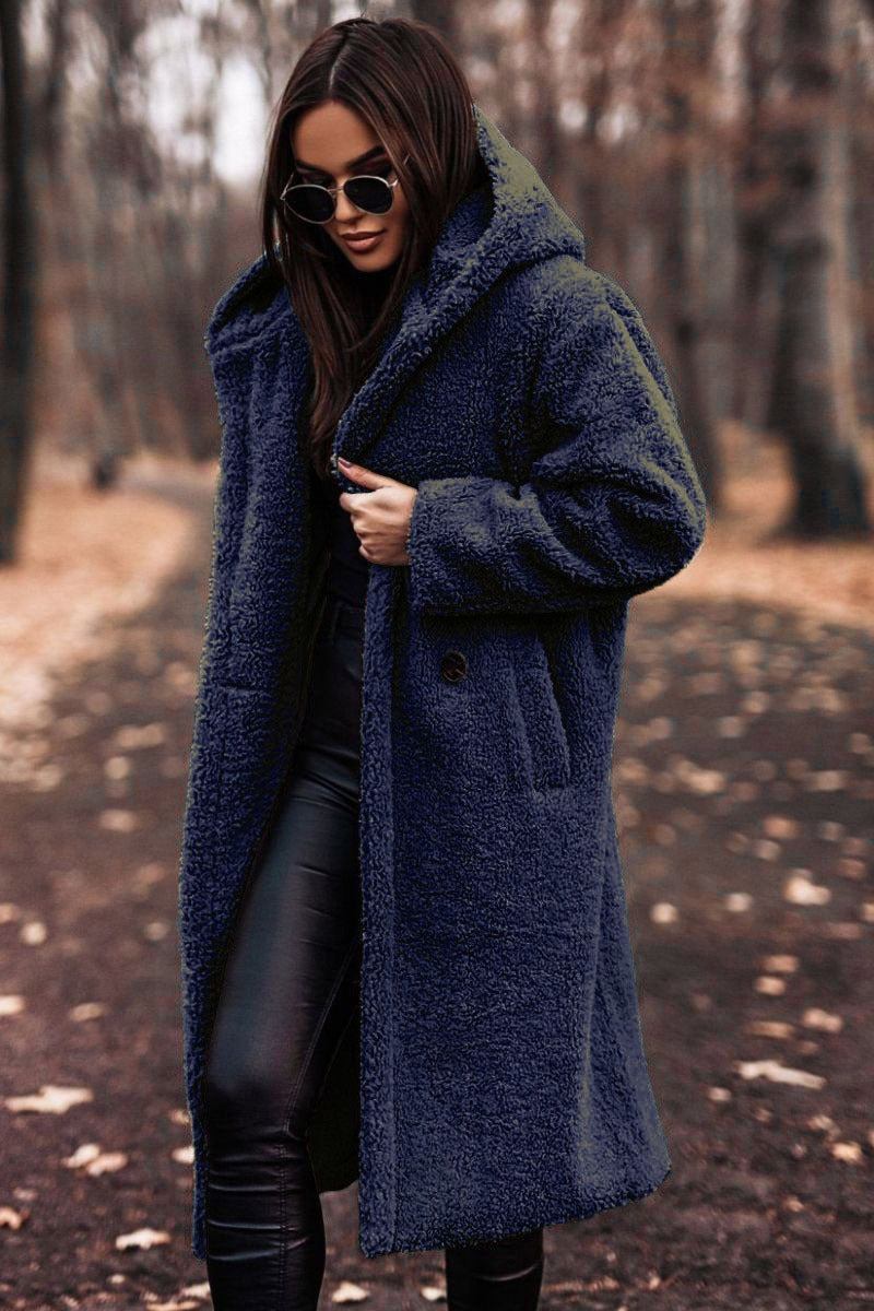 Warm Hooded Wool Coat for Women – Oversized Full Length Winter Fashion with Button Fastening 4