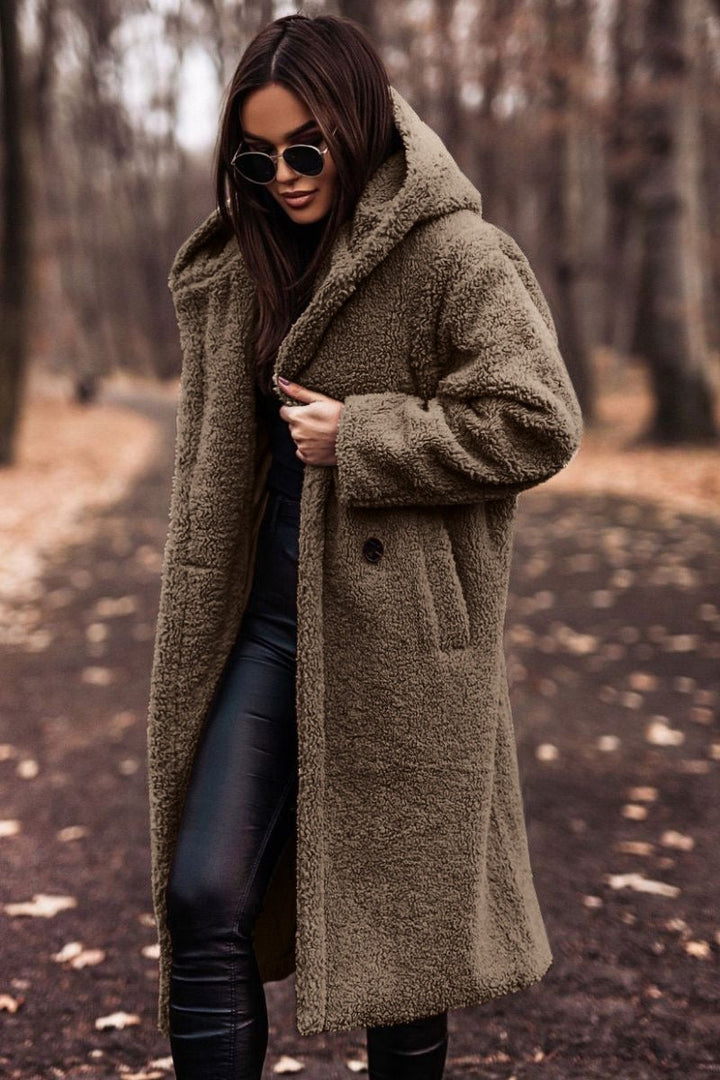 Warm Hooded Wool Coat for Women – Oversized Full Length Winter Fashion with Button Fastening 5