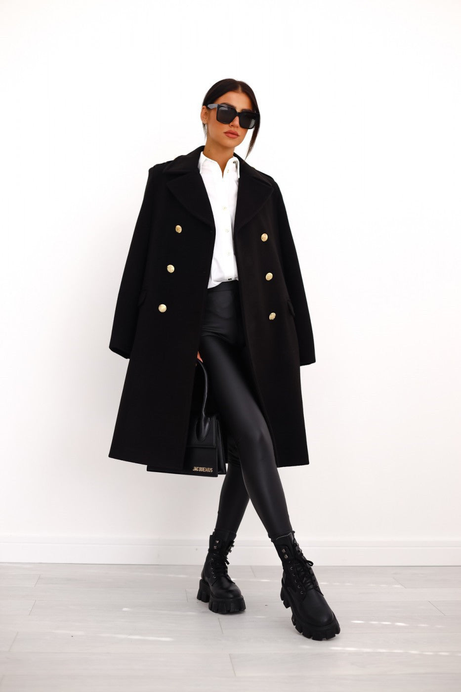 Women's Double-Breasted Long Coat with Gold Button Accents 0