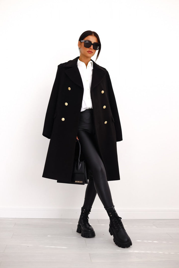 Women's Double-Breasted Long Coat with Gold Button Accents 0
