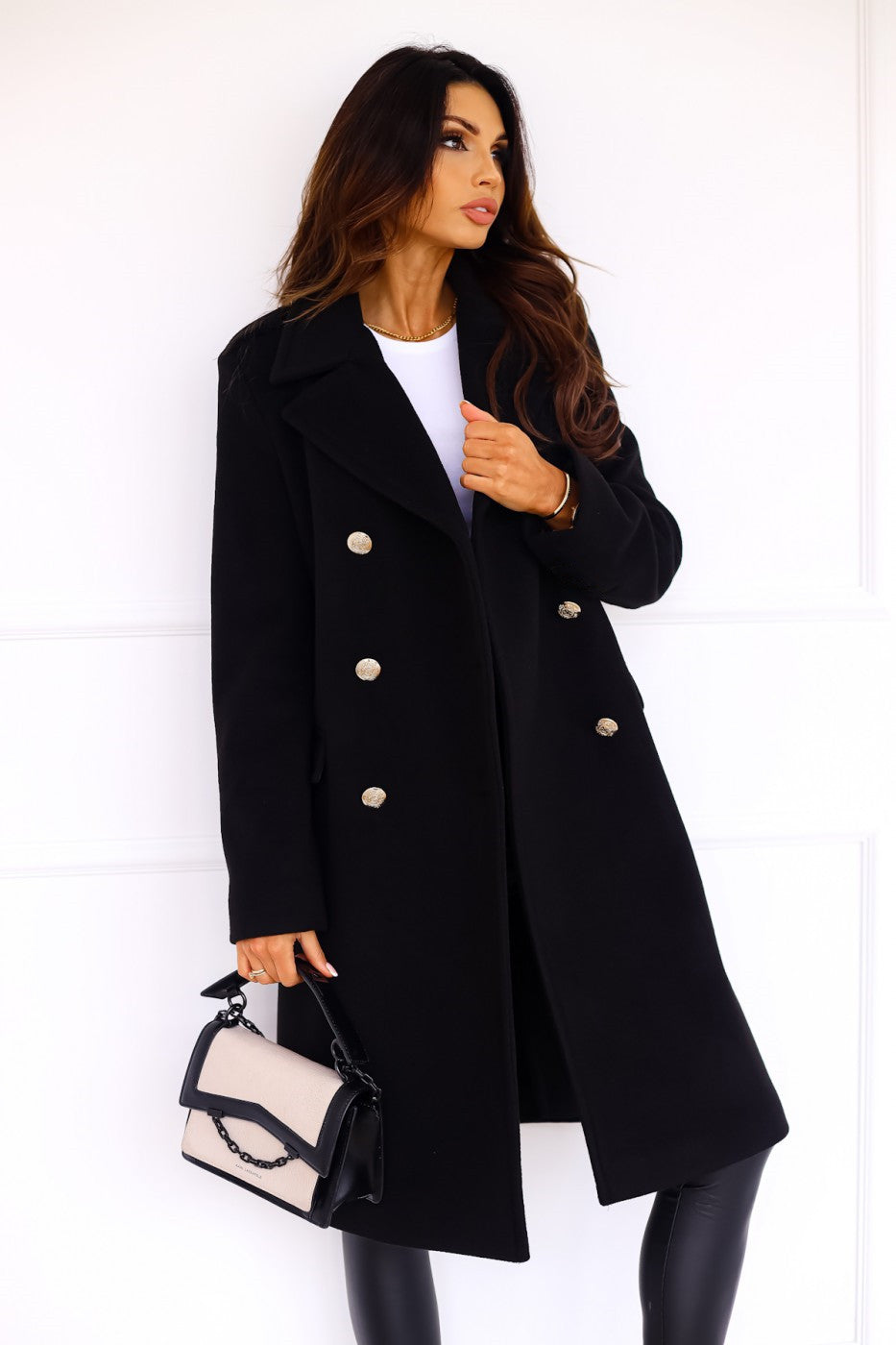 Women's Double-Breasted Long Coat with Gold Button Accents 2