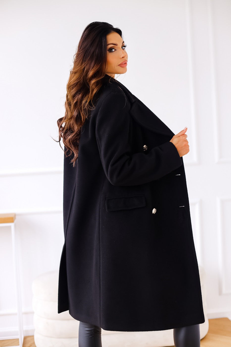 Women's Double-Breasted Long Coat with Gold Button Accents 3
