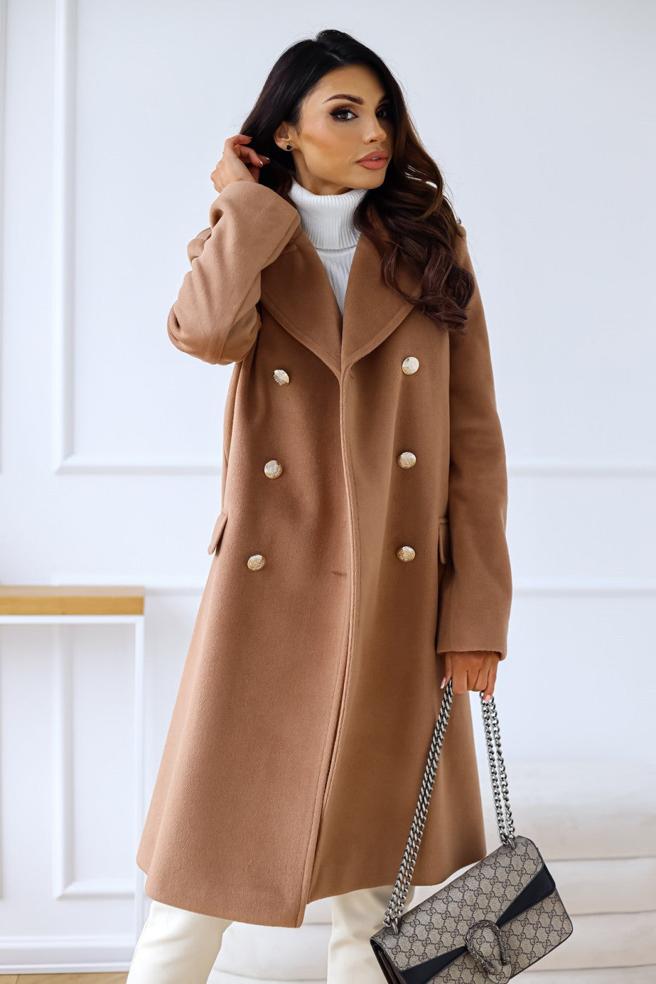 Women's Double-Breasted Long Coat with Gold Button Accents 4