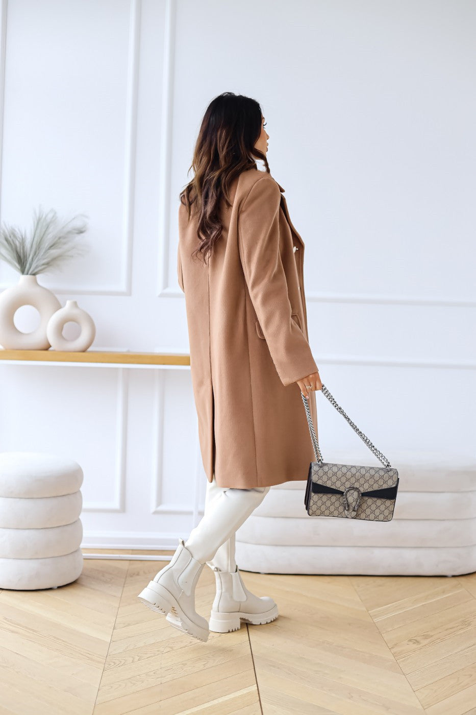 Women's Double-Breasted Long Coat with Gold Button Accents 6