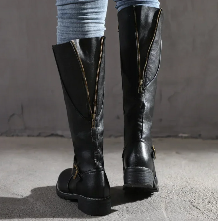 Women's Knee High Boots with Buckle Strap and Low Block Heel 4
