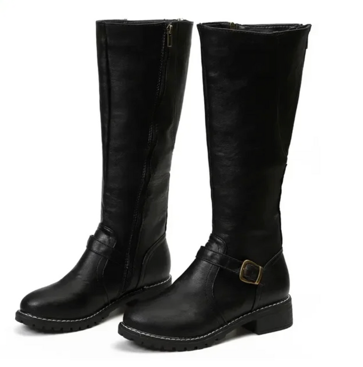 Women's Knee High Boots with Buckle Strap and Low Block Heel 7