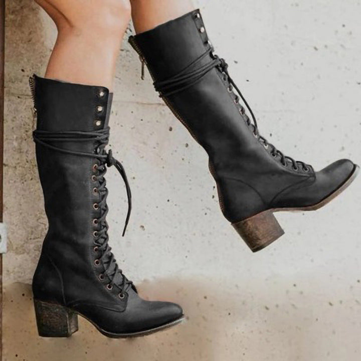 Women's Knee High Boots with Lace Up Front and Chunky Heel 0