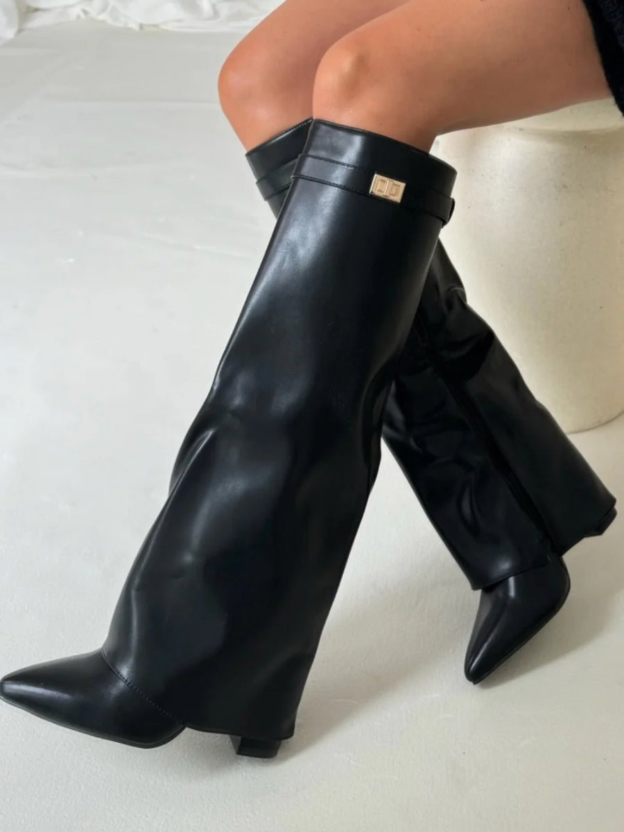 Women's Knee High Boots with Wide Flare Top and Block Heel 11
