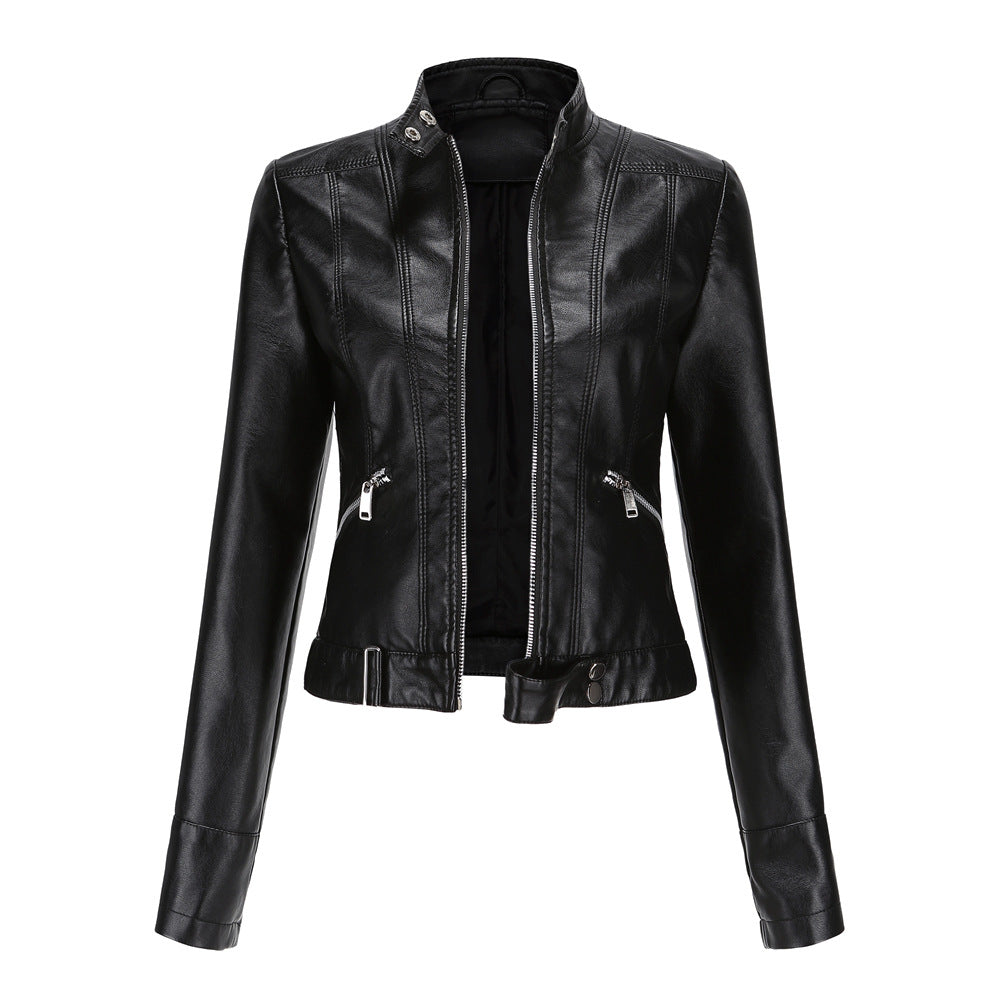 Women's Leather Jacket with Zip Closure High Collar and Belt 0
