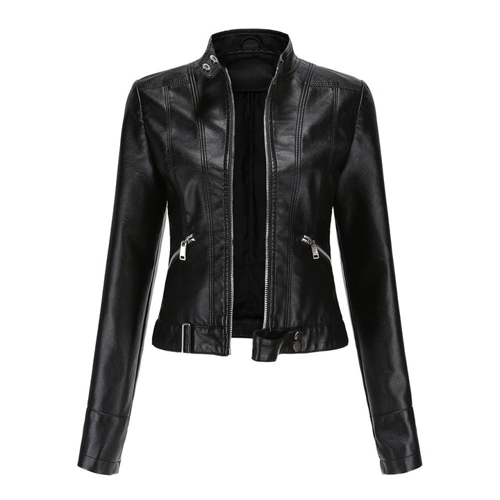 Women's Leather Jacket with Zip Closure High Collar and Belt 0
