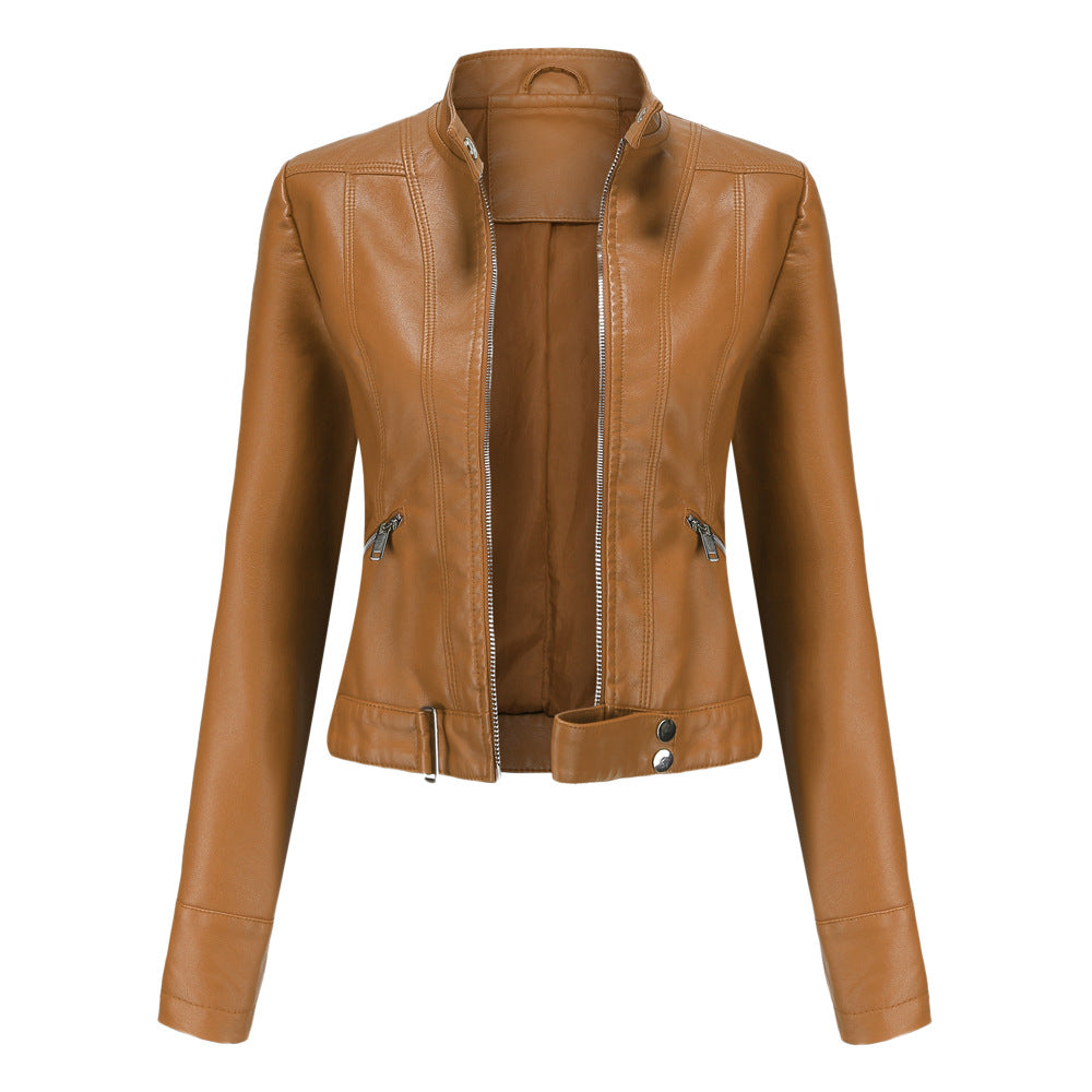 Women's Leather Jacket with Zip Closure High Collar and Belt 1