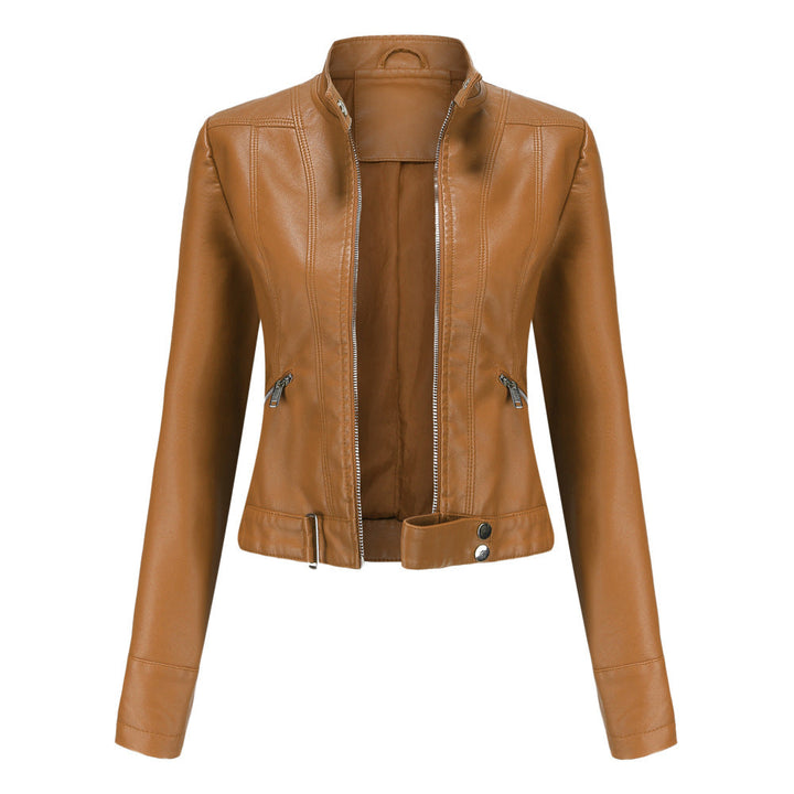 Women's Leather Jacket with Zip Closure High Collar and Belt 1