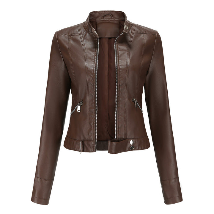 Women's Leather Jacket with Zip Closure High Collar and Belt 2
