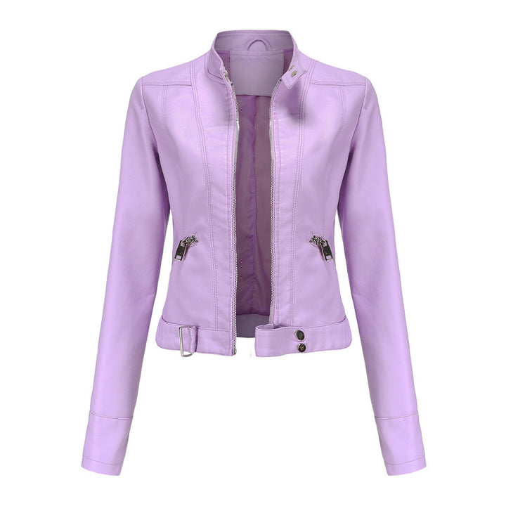 Women's Leather Jacket with Zip Closure High Collar and Belt 3