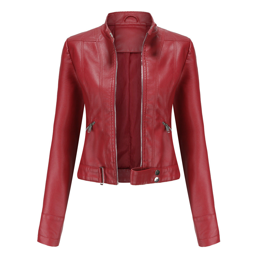 Women's Leather Jacket with Zip Closure High Collar and Belt 4