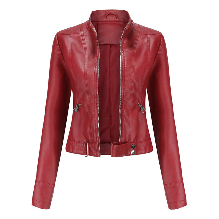 Women's Leather Jacket with Zip Closure High Collar and Belt 4