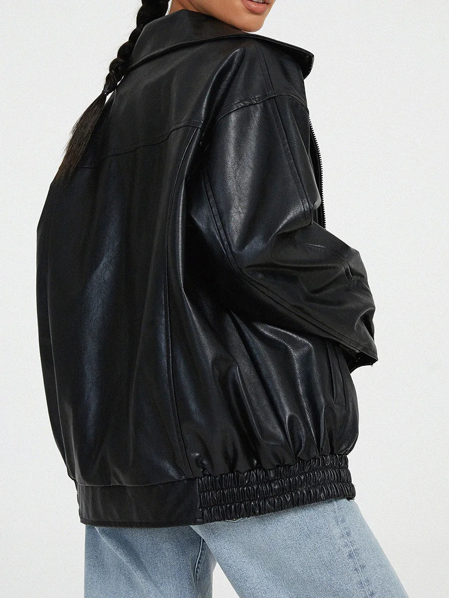 Women's Oversized Leather Bomber Jacket with Zipper Front 0