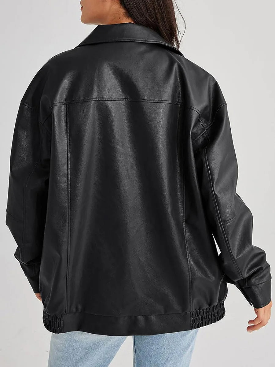 Women's Oversized Leather Bomber Jacket with Zipper Front 2